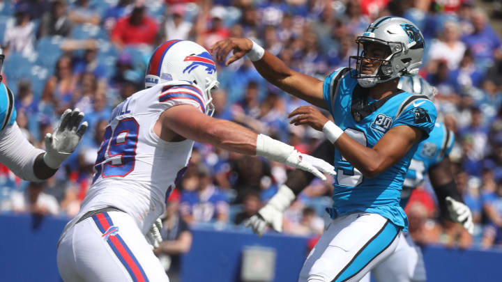 Bills Casey Toohill pressures Panthers quarterback Bryce Young to throw his pass during the first half of the preseason game against Carolina Panthers at Highmark Stadium in Orchard Park on Aug. 24, 2024.