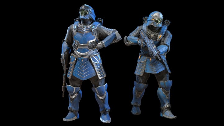 The updated Untethered Wind (left) and the new Cadet Blue (right) Armor Coatings for the Yoroi Armor Core.