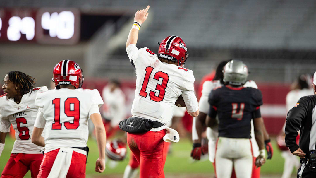 Central Phenix City's Andrew Alford (13) celebrates with his team as Central Phenix City faces Thompson in the Class 7A football state championship at Bryant-Denny Stadium in Tuscaloosa, Ala., on Wednesday, Dec. 6, 2023.