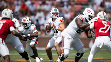 Auburn Tigers quarterback Jackson Arnold (11) looks to throw as Auburn Tigers take on South Alabama Jaguars at Jordan-Hare Stadium in Auburn, Ala. on Saturday, Sept. 13, 2025. Auburn Tigers defeated South Alabama Jaguars 31-15.