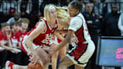 Rutgers’ Kiyomi McMiller works to stop Nebraska’s Britt Prince during the team's Jan. 12th game in Piscataway, N.J.