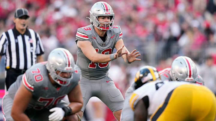 Oct 5, 2024; Columbus, OH, USA; Ohio State Buckeyes quarterback Will Howard (18) waits to hike the ball against Iowa Hawkeyes in the third quarter during the NCAA football game at Ohio Stadium.