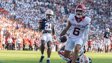 Arkansas Razorbacks wide receiver Isaiah Sategna (6) celebrates his touchdown catch as Auburn Tigers take on Arkansas Razorbacks at Jordan-Hare Stadium in Auburn, Ala., on Saturday, Sept. 21, 2024. Arkansas Razorbacks defeated Auburn Tigers 24-14.