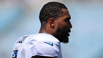 Jacksonville Jaguars safety Andre Cisco (5) looks on during the ninth day of an NFL football training camp practice Saturday, Aug. 3, 2024 at EverBank Stadium in Jacksonville, Fla. Today marked the first day of public practice inside the stadium.