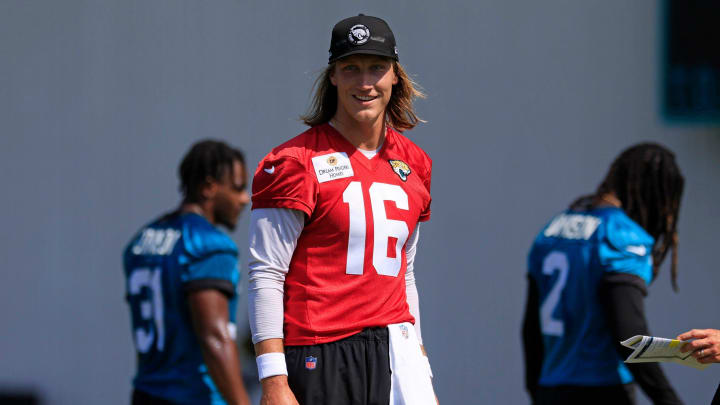 Jacksonville Jaguars quarterback Trevor Lawrence (16) looks on during an organized team activity Tuesday, May 28, 2024 at EverBank Stadium’s Miller Electric Center in Jacksonville, Fla.