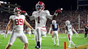 Alabama Crimson Tide wide receiver Isaiah Horton (1) celebrates his touchdown catch as Auburn Tigers take on Alabama Crimson Tide in the Iron Bowl at Jordan-Hare Stadium in Auburn, Ala. on Saturday, Nov. 29, 2025. Alabama Crimson Tide leads Auburn Tigers 17-6.