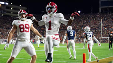 Alabama Crimson Tide wide receiver Isaiah Horton (1) celebrates his touchdown catch as Auburn Tigers take on Alabama Crimson Tide in the Iron Bowl at Jordan-Hare Stadium in Auburn, Ala. on Saturday, Nov. 29, 2025. Alabama Crimson Tide leads Auburn Tigers 17-6.