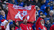 Dec 3, 2022; Boise, Idaho, USA;  Fresno State Bulldogs fans cheer  during the second half of the Mountain West Championship game versus the Boise State Broncos at Albertsons Stadium. Fresno State defeats Boise State 28-16.  Mandatory Credit: Brian Losness-Imagn Images
