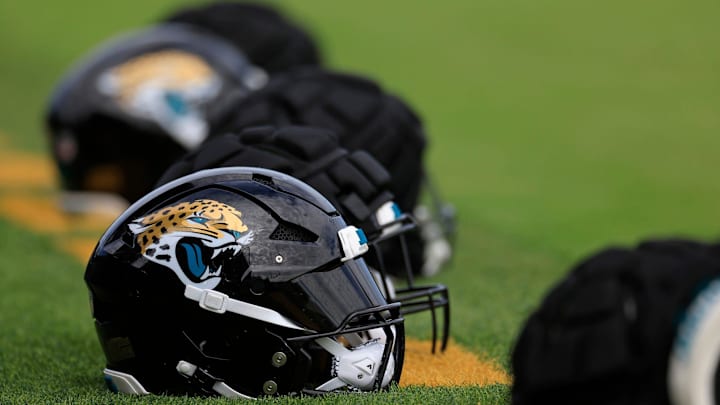 The helmet of Jacksonville Jaguars linebacker Josh Hines-Allen (41) sits at the back of the end zone during the third day of an NFL football training camp practice Friday, July 26, 2024 at EverBank Stadiumâ€™s Miller Electric Center in Jacksonville, Fla.