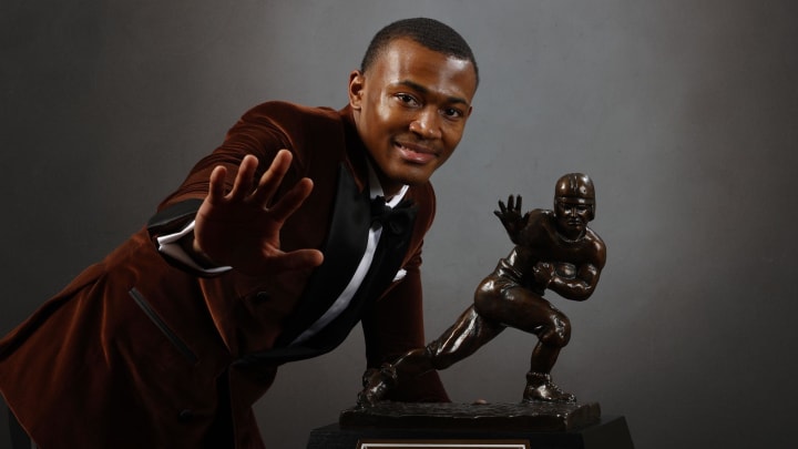 Jan 5, 2021; Tuscaloosa, AL, USA;  Alabama Crimson Tide wide receiver DeVonta Smith poses for a photo after being announced the winner of the 2020 Heisman Trophy. Mandatory Credit: Kent Gidley/Heisman Trophy Trust via USA TODAY Sports