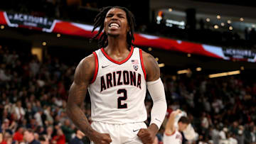 Arizona Wildcats guard Caleb Love (2) reacts during the first half of the first-ever Acrisure Classic against Michigan State in Palm Desert, Calif., on Thanksgiving Day, Nov. 23, 2023.