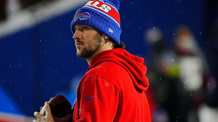 Bills quarterback Josh Allen warms up before a home game against the San Francisco 49ers in Orchard Park on Dec. 1, 2024. Bills quarterback Josh Allen warms up before a home game against the San Francisco 49ers in Orchard Park on Dec. 1, 2024.