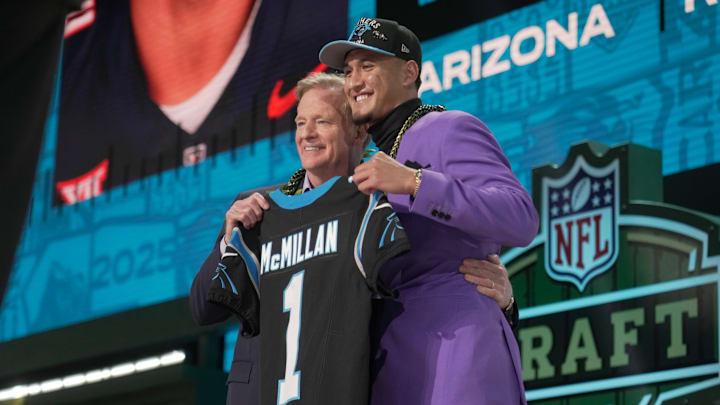 NFL Commissoner Rodger Goodell, left, with Arizona Wildcats wide receiver Tetairoa McMillan selected by the Carolina Panthers as the number eight pick in the first round of the 2025 NFL Draft at Lambeau Field. NFL Commissoner Rodger Goodell, left, with Arizona Wildcats wide receiver Tetairoa McMillan selected by the Carolina Panthers as the number eight pick in the first round of the 2025 NFL Draft at Lambeau Field.