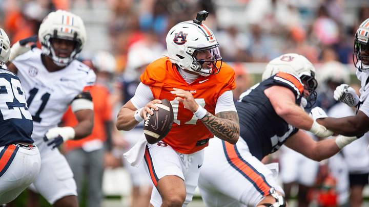 Auburn Tigers quarterback Byrum Brown (17) rolls out of the pocket during Auburn Tigers A-Day spring game at Jordan-Hare Stadium 