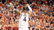 Auburn Tigers forward Johni Broome (4) celebrates a block as Auburn Tigers take on Florida Gators at Neville Arena in Auburn, Ala., on Saturday, Feb. 8, 2025. Florida Gators lead Auburn Tigers 48-38 at halftime.