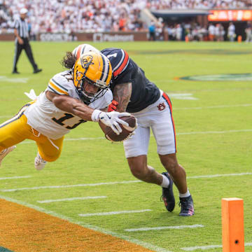 Cal receiver Mavin Anderson dives for the end zone against Auburn but falls short