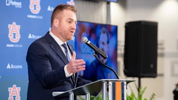 Auburn football head coach Alex Golesh speaks during his introductory press conference at Jordan-Hare Stadium in Auburn, Ala. on Monday, Dec. 1, 2025.