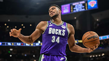 Milwaukee Bucks forward Giannis Antetokounmpo reacts in the second quarter against the New York Knicks at Fiserv Forum on October 28, 2022.