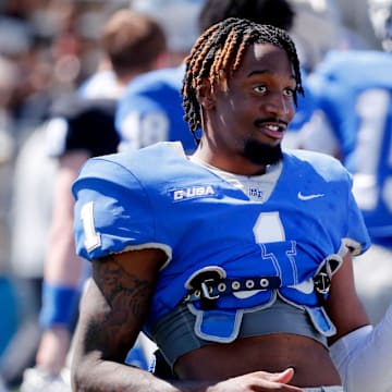 Middle Tennessee wide receiver Omari Kelly (1) dances on the field after the blue team beat the white time during the MTSU Blue and White Spring game on Saturday, April 13, 2024.