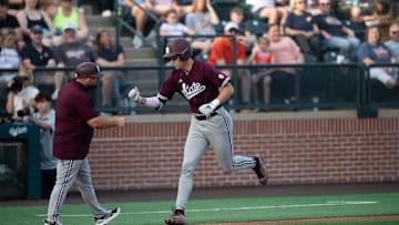 Mississippi State Bulldogs' Ace Reese (3) celebrates his home run as Auburn Tigers baseball takes on Mississippi State Bulldogs at Plainsman Park in Auburn, Ala., on Friday, April 25, 2025.