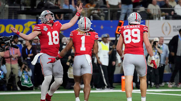 Ohio State Buckeyes running back Quinshon Judkins and quarterback Will Howard celebrates his touchdown run