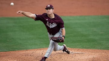 Mississippi State Bulldogs' Evan Siary (12) pitches as Auburn Tigers baseball takes on Mississippi State Bulldogs at Plainsman Park in Auburn, Ala., on Friday, April 25, 2025.
