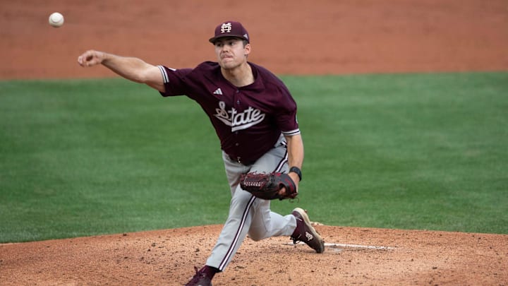 Mississippi State Bulldogs' Evan Siary (12) pitches as Auburn Tigers baseball takes on Mississippi State Bulldogs at Plainsman Park in Auburn, Ala., on Friday, April 25, 2025.