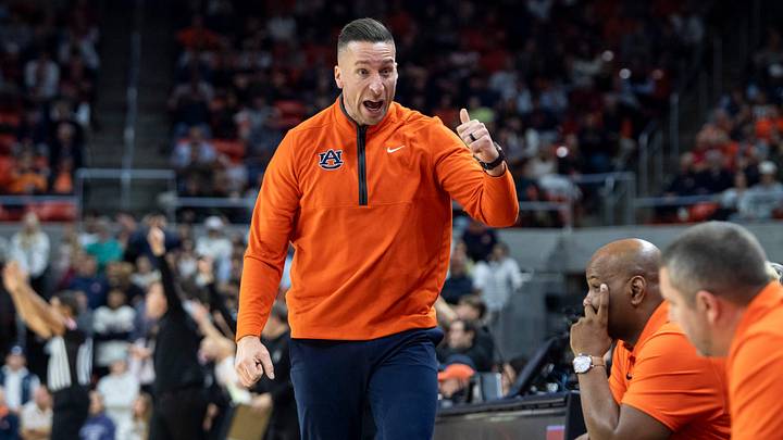 Auburn Tigers head coach Steven Pearl react to his bench as Auburn Tigers take on NC State Wolfpack at Neville Arena in Auburn, Ala. on Wednesday, Dec. 3, 2025. Auburn Tigers defeated NC State Wolfpack 83-73.