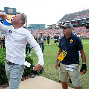 Justin Wilcox celebrates Cal's win at Auburn