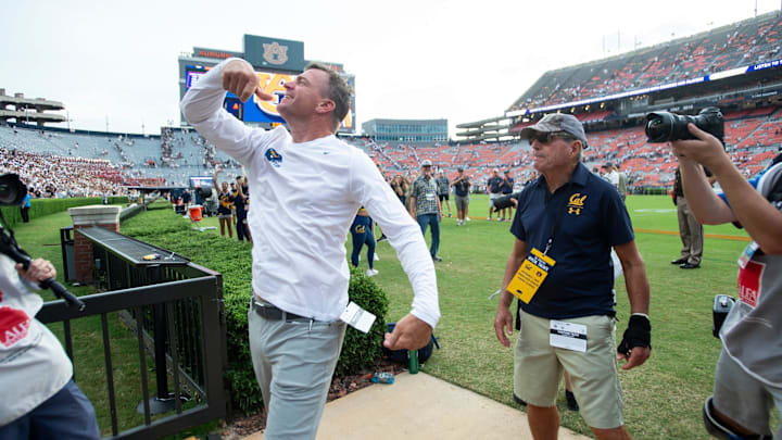 Justin Wilcox celebrates Cal's win at Auburn