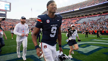 Auburn Tigers quarterback Deuce Knight (9) walks off the field after the game as Auburn Tigers take on Mercer Bears at Jordan-Hare Stadium in Auburn, Ala. on Saturday, Nov. 22, 2025. Auburn Tigers defeated the Mercer Bears 62-17.