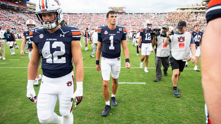 Auburn Tigers quarterback Payton Thorne (1) walks off the field after the game as Auburn Tigers take on California Golden Bears at Jordan-Hare Stadium in Auburn, Ala., on Saturday, Sept. 7, 2024. California Golden Bears defeated Auburn Tigers 21-14.