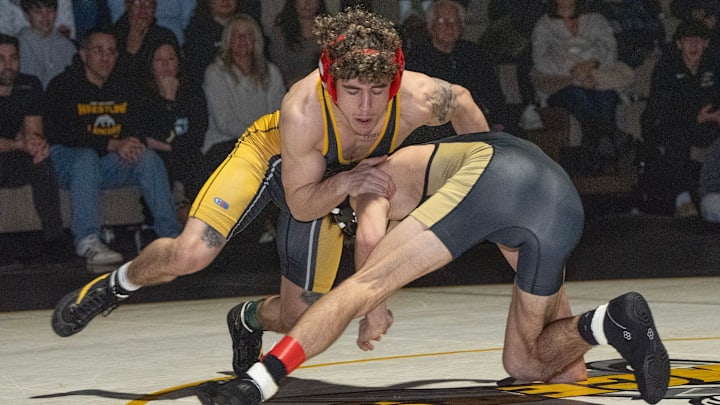 St. John Vianney's Anthony Knox Jr. wrestles Southern's Hunter Borer in Holmdel, N.J. on Jan. 8, 2025.