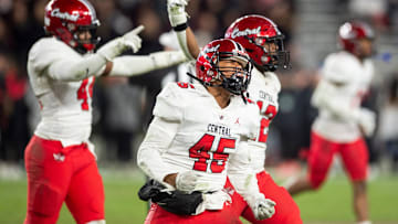 Central Phenix City's Brennan Core (45) celebrates after a Thompson missed field goal in the Class 7A football state championship on Dec. 6, 2023 at Bryant-Denny Stadium in Tuscaloosa, Ala.