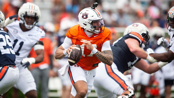 Auburn Tigers quarterback Byrum Brown (17) rolls out of the pocket during Auburn Tigers A-Day spring game at Jordan-Hare Stadium in Auburn, Ala. on Saturday, April 18, 2026.