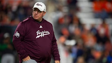 Texas A&M Aggies head coach Mike Elko during warm ups before a game against the Auburn Tigers.