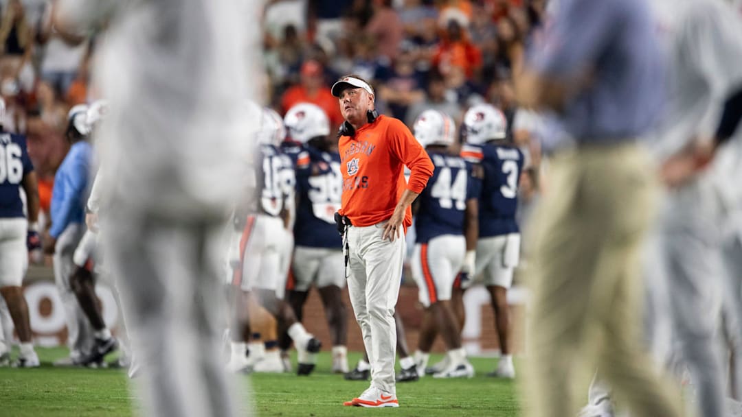 Auburn Tigers head coach Hugh Freeze watches on as Auburn Tigers take on Ball State Cardinals at Jordan-Hare Stadium in Auburn, Ala. on Saturday, Sept. 6, 2025. Auburn Tigers defeated Ball State Cardinals 42-3.