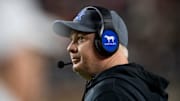 Kentucky Wildcats head coach Mark Stoops looks on as Auburn Tigers take on Kentucky Wildcats at Jordan-Hare Stadium in Auburn, Ala. on Saturday, Nov. 1, 2025. Kentucky Wildcats defeated Auburn Tigers 10-3.