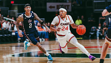 Miami Hurricanes Men's Point Guard Nijel Pack (24) dribbling past a FDU defender to score.