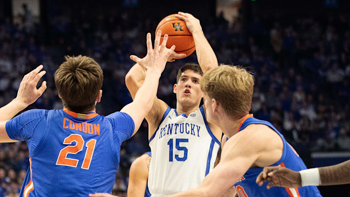 Kentucky's Reed Sheppard (15) launched a three as the Kentucky Wildcats battled the Florida Gators Wednesday night at Rupp Arena. Jan. 31, 2024