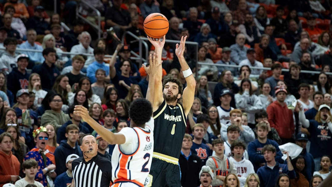 Wofford Terriers guard Cayden Vasko (0) takes a jump shot as Auburn Tigers take on Wofford Terriers at Neville Arena in Auburn, Ala. on Tuesday, Nov. 11, 2025. Wofford Terriers guard Cayden Vasko (0) takes a jump shot as Auburn Tigers take on Wofford Terriers at Neville Arena in Auburn, Ala. on Tuesday, Nov. 11, 2025.