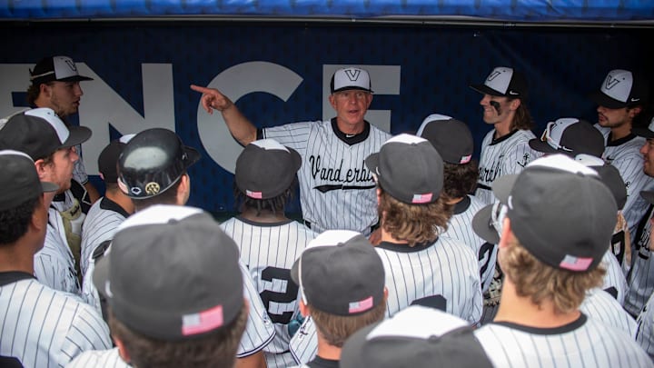 Vanderbilt Commodores head coach Tim Corbin talks with his team after the game as Vanderbilt Commodores take on Tennessee Volunteer during the SEC baseball tournament at Hoover Met in Birmingham, Ala., on Saturday, May 24, 2025. Vanderbilt Commodores defeated Tennessee Volunteer 10-0 in 7 innings. Vanderbilt Commodores head coach Tim Corbin talks with his team after the game as Vanderbilt Commodores take on Tennessee Volunteer during the SEC baseball tournament at Hoover Met in Birmingham, Ala., on Saturday, May 24, 2025. Vanderbilt Commodores defeated Tennessee Volunteer 10-0 in 7 innings.