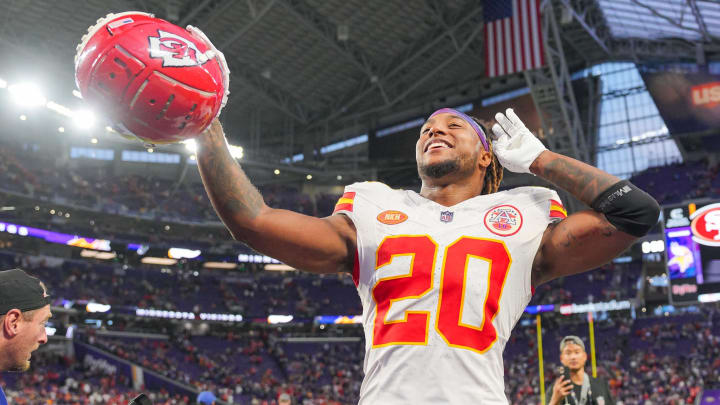 Oct 8, 2023; Minneapolis, Minnesota, USA; Kansas City Chiefs safety Justin Reid (20) salutes the fans after the game against the Minnesota Vikings at U.S. Bank Stadium. Mandatory Credit: Brad Rempel-USA TODAY Sports