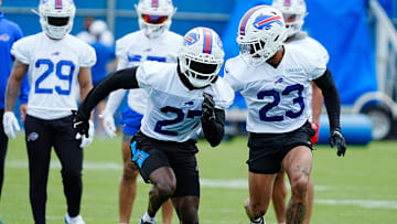 Buffalo Bills Tre’Davious White and Dane Jackson race during a drill at the practice facility on May 27, 2025.