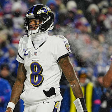 Baltimore Ravens quarterback Lamar Jackson reacts to not getting the two-point conversion attempt during second half action at the Buffalo Bills divisional game against the Baltimore Ravens at Highmark Stadium in Orchard Park on Jan. 19, 2025.