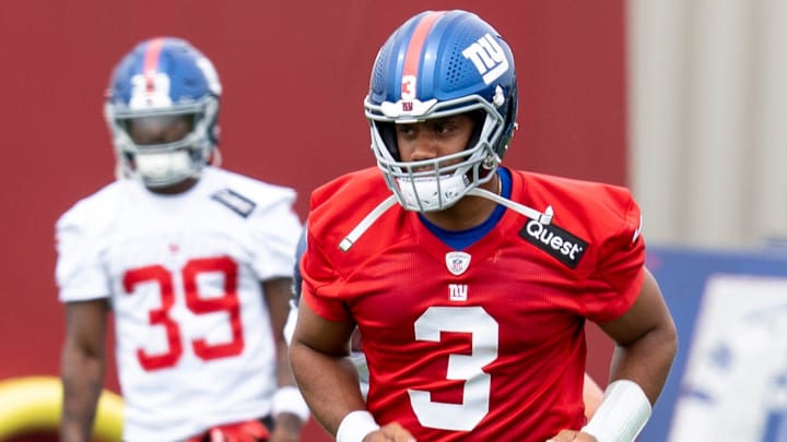 Russell Wilson, quarterback with the NY Giants, runs drills during OTA practice at Quest Diagnostics Training Center, East Rutherford, NJ, May 28, 2025.