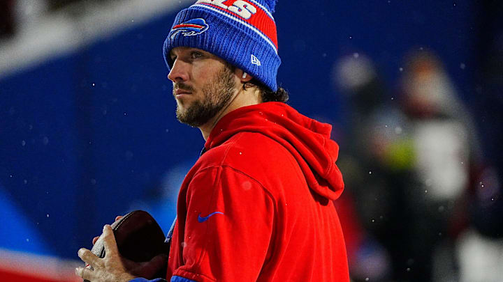 Bills quarterback Josh Allen warms up before a game. Bills quarterback Josh Allen warms up before a game.