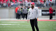 Ohio State Buckeye head coach Ryan Day watches his team in the 2nd half during the spring game at Ohio Stadium on April 12, 2025.