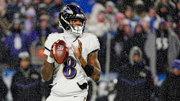 Baltimore Ravens quarterback Lamar Jackson gets ready to launch the ball during first half action at the Buffalo Bills divisional game against the Baltimore Ravens at Highmark Stadium in Orchard Park on Jan. 19, 2025.