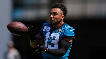 Jacksonville Jaguars wide receiver Christian Kirk (13) catches a pass during an organized team activity Tuesday, May 28, 2024 at EverBank Stadium’s Miller Electric Center in Jacksonville, Fla.